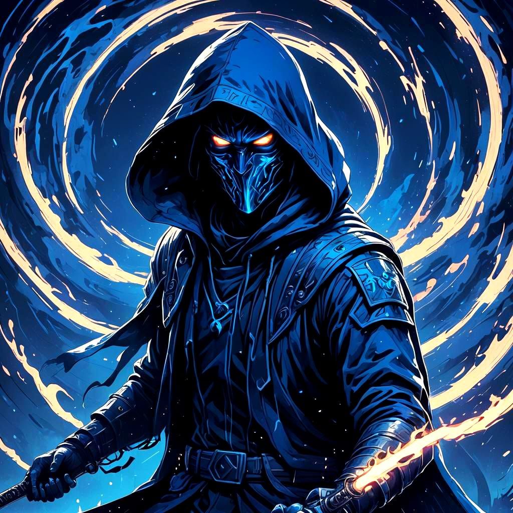 Monochromatic Blue Warrior Conjures Fire in Retro Style