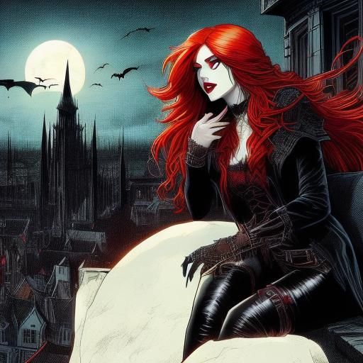 Gothic Vampire Overlooking City in Film Noir Style