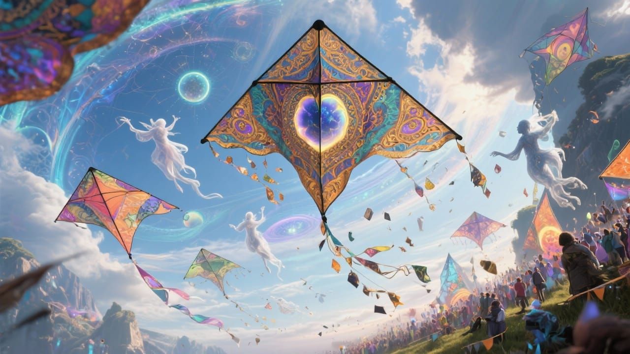 Interdimensional Kite Festival With Worlds Trailing Behind