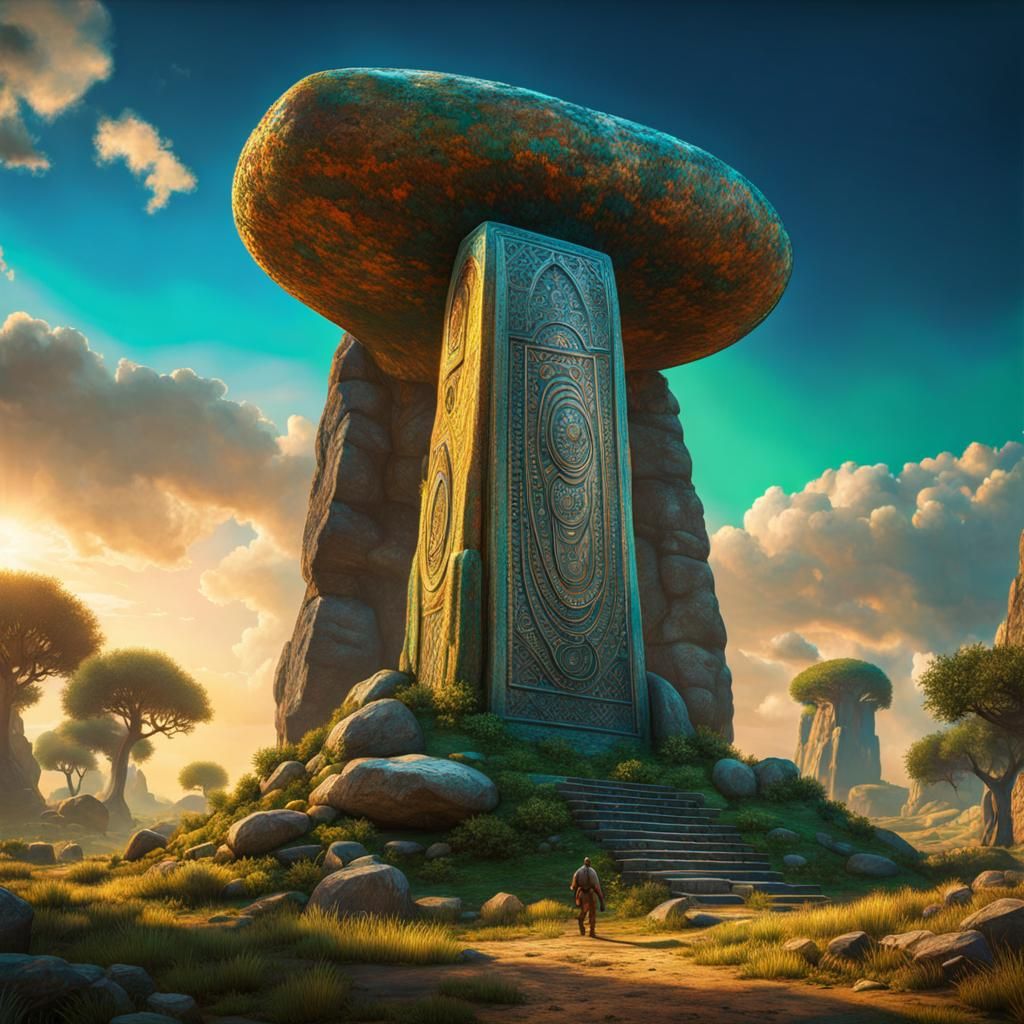Obelix Carrying Menhir in Psychedelic Art Style