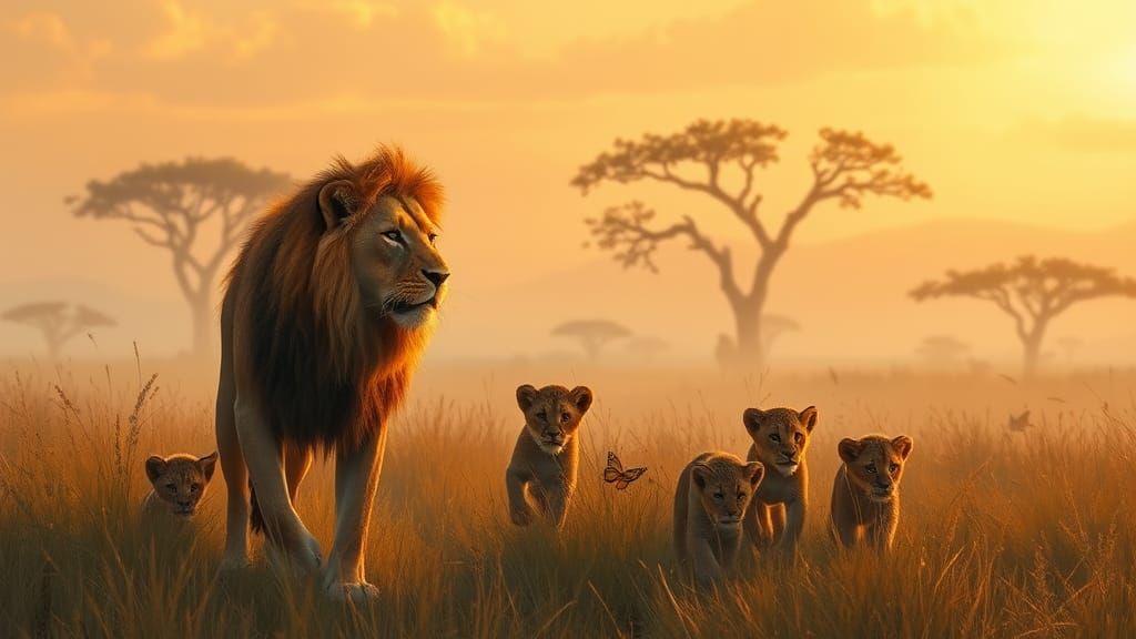 Lioness and Cubs in Misty Savannah, Oil Painting