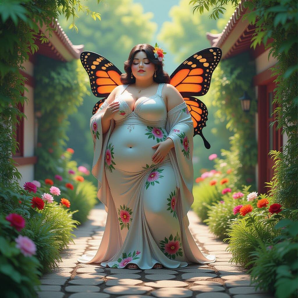 Butterfly Woman Statue in Lush Garden