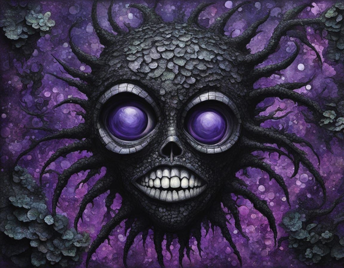 Abstract Surrealism Painting of a Black Alien with Purple Mo...