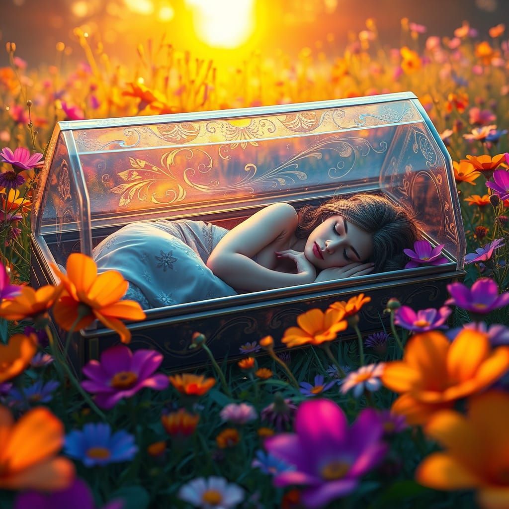 Sleeping Beauty in a Glass Coffin Amidst a Vibrant Meadow