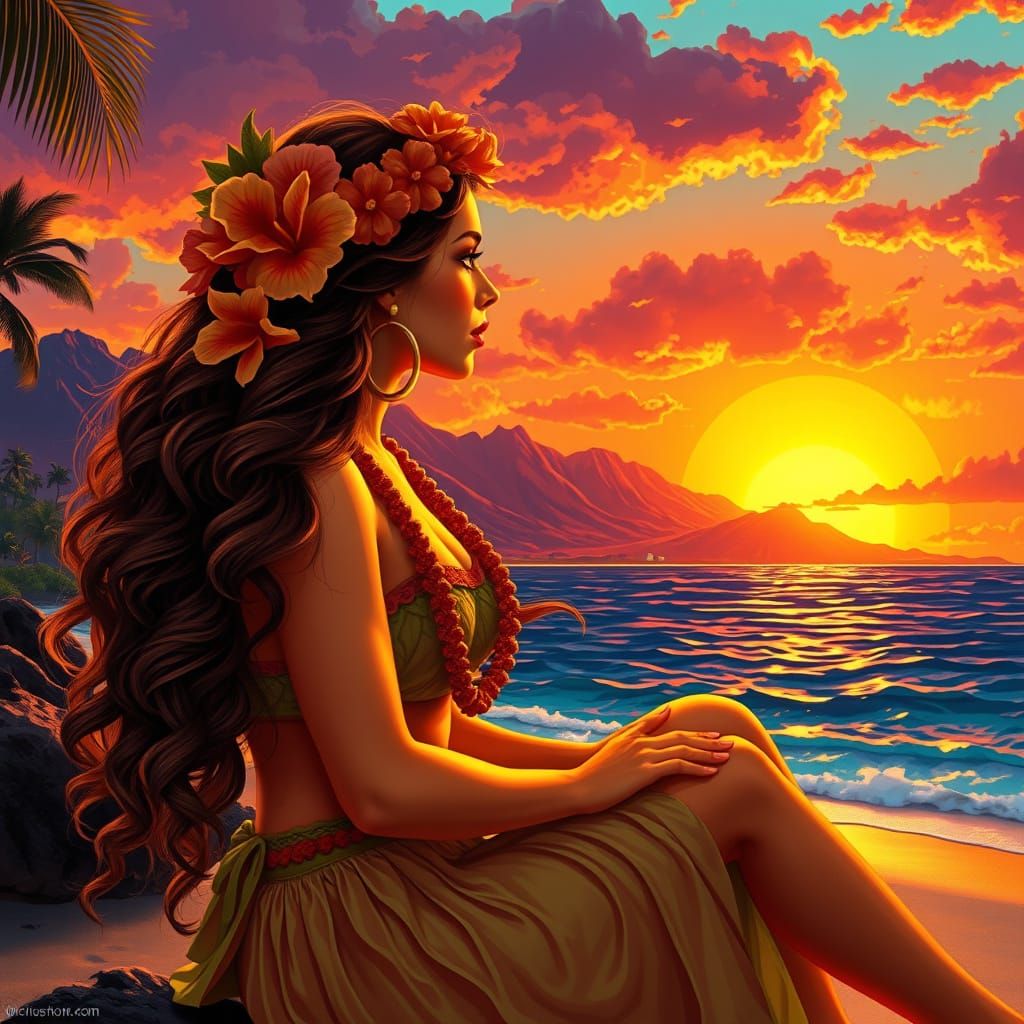 Hawaiian Hula Dancer at Sunset in Art Nouveau Style