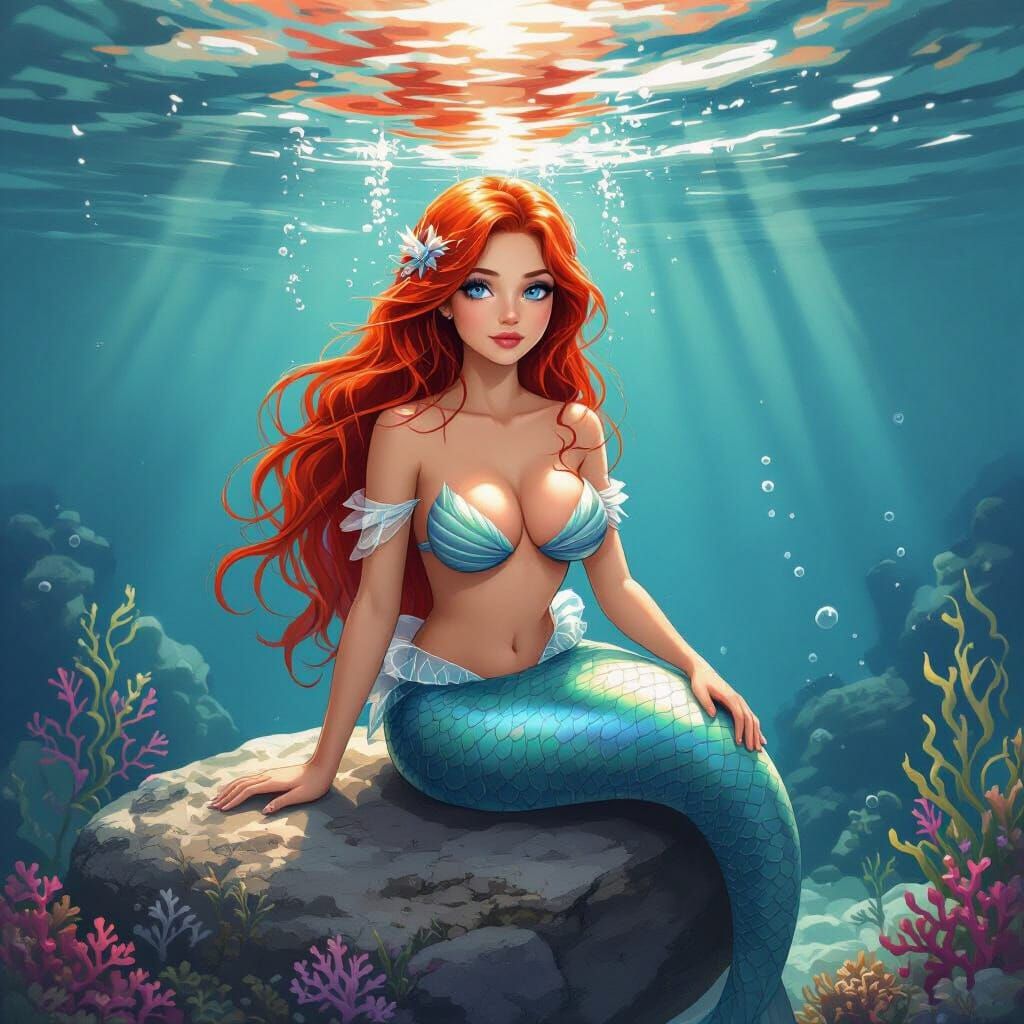 Red-Haired Mermaid Princess Underwater