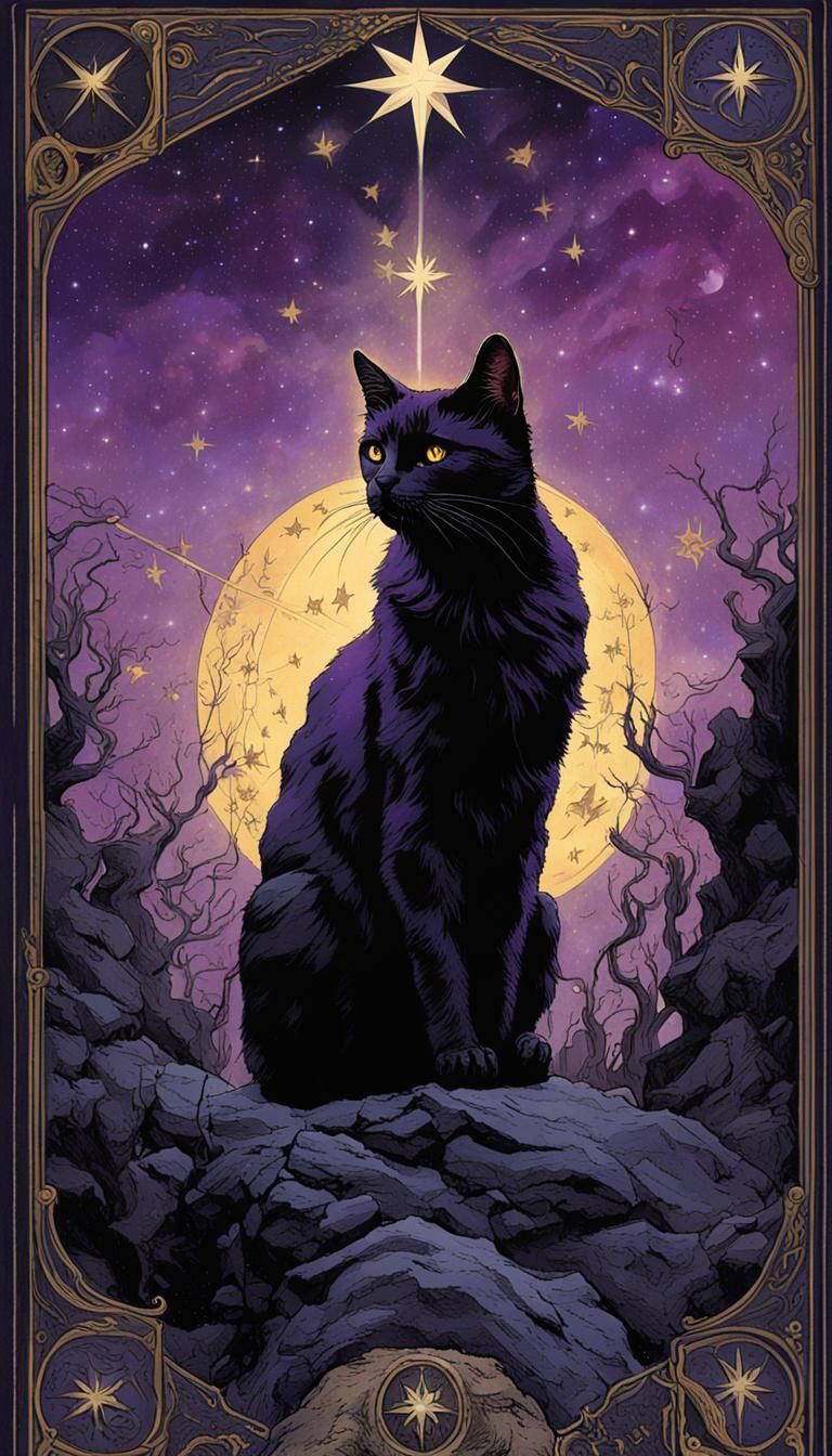Black Cat Reaching for Stars: Tarot Card