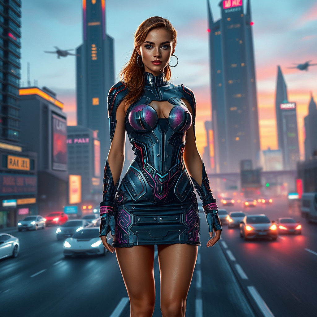 Futuristic Woman in Neon Cityscape, Cyberpunk Style