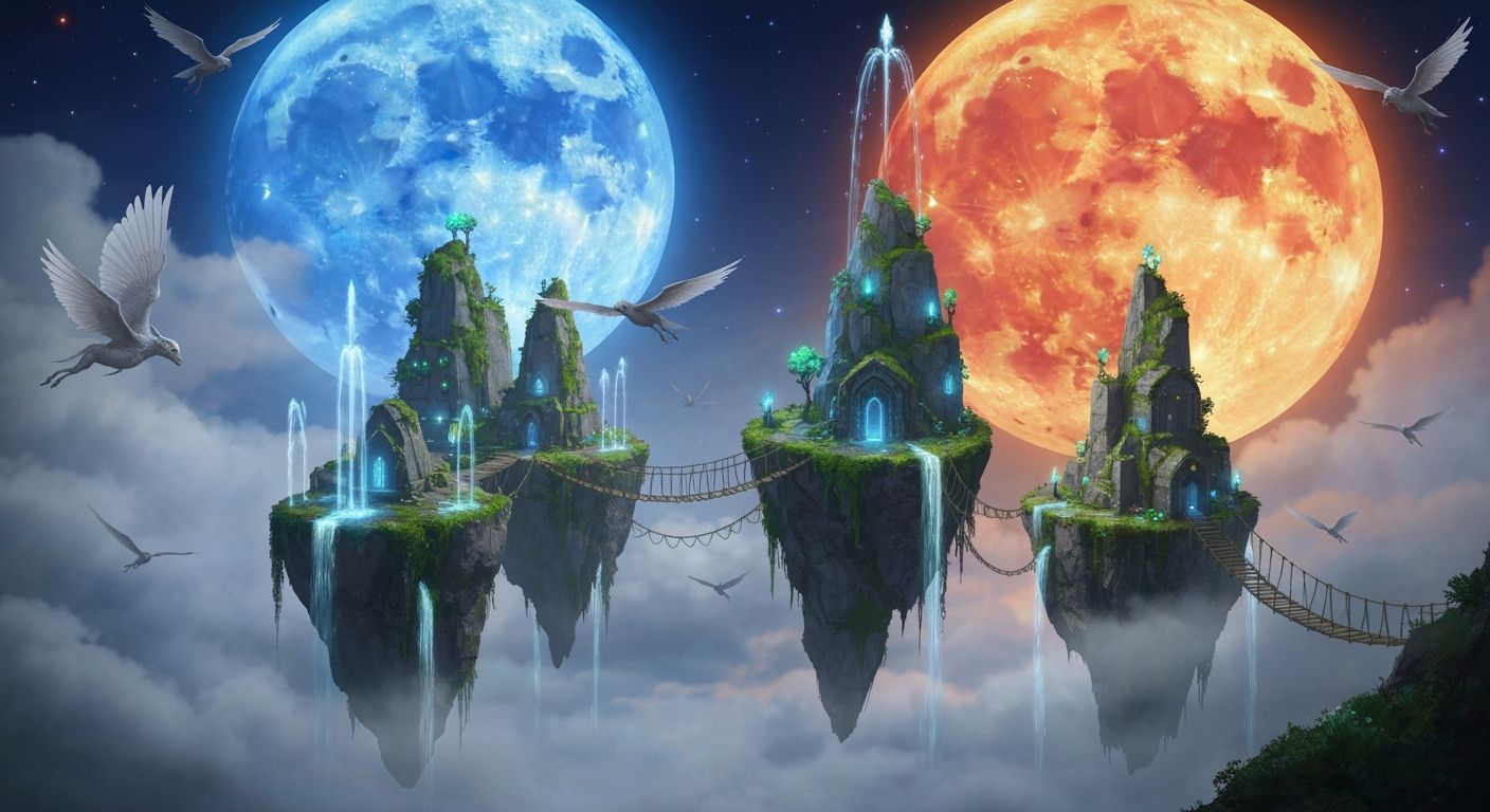 Floating City in Sky with Two Moons and Winged Creatures