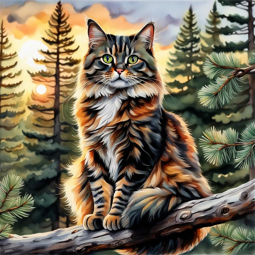 Realistic Watercolour Tabby Cat at Sunset