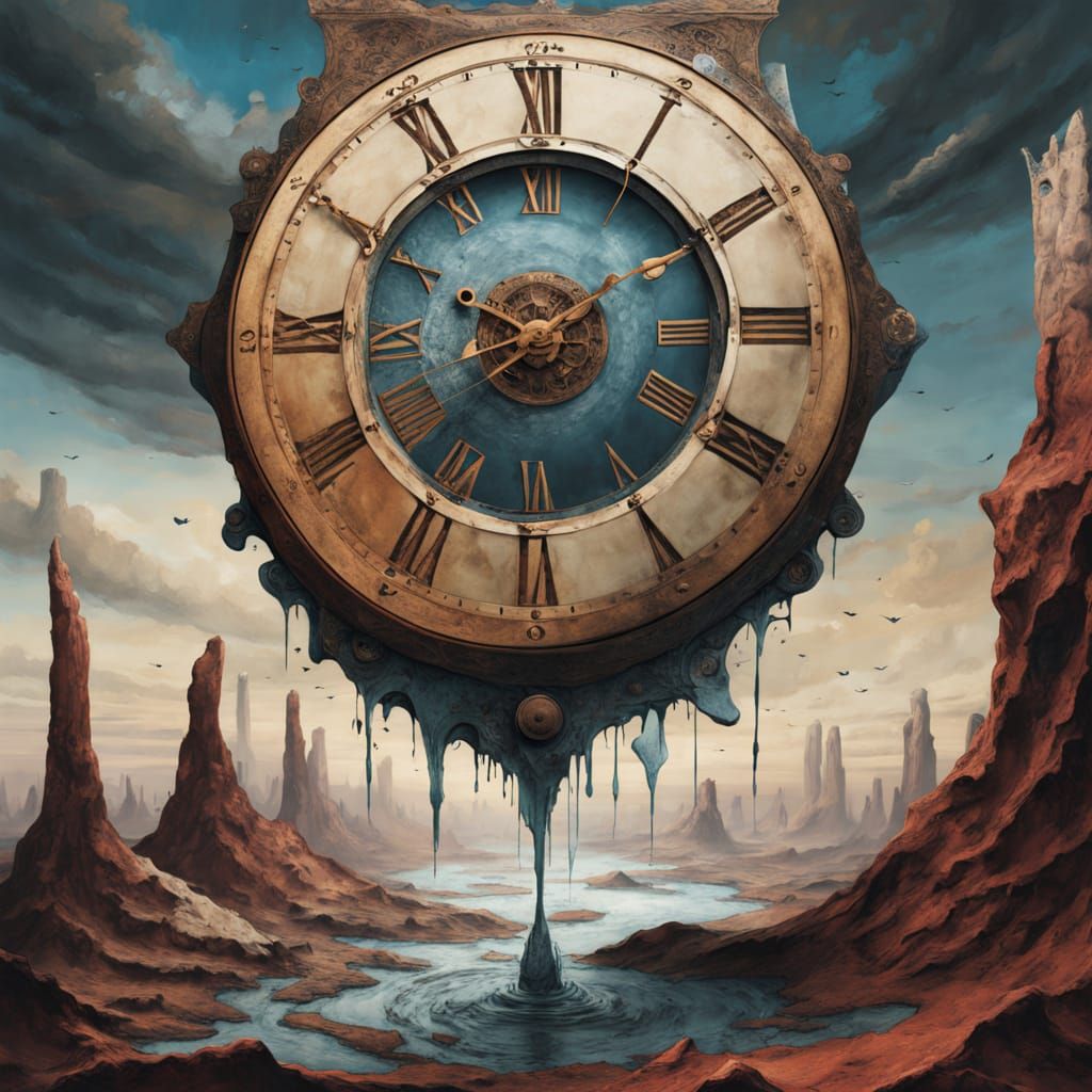 Melting Clock on Fractured Landscape in Surrealist Style