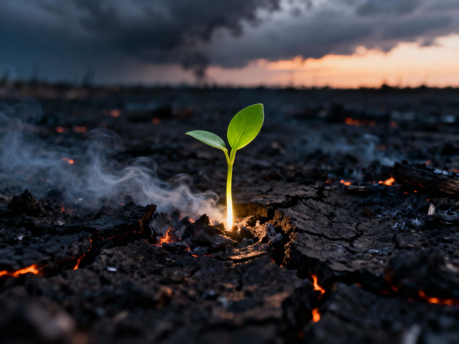 Vivid Green Sprout Emerges From Charred Earth