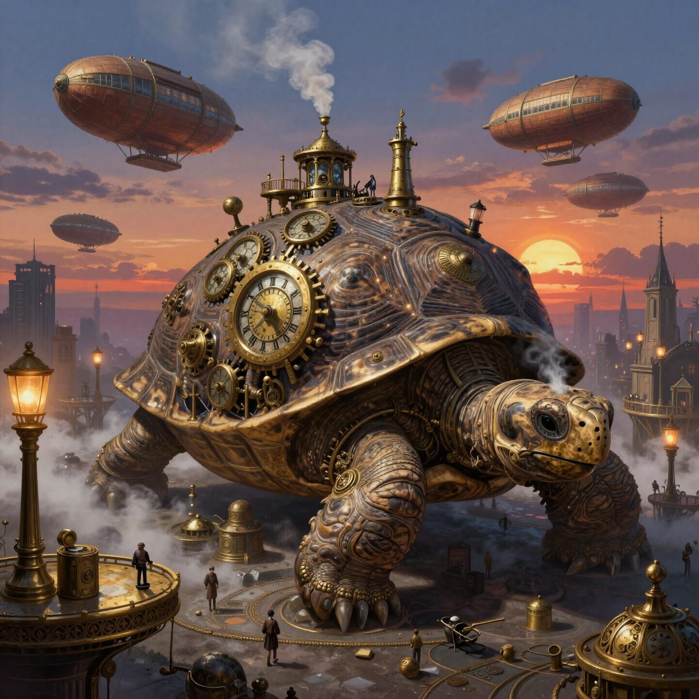 A bustling steampunk city built within the hollowed-out shell of a giant, ancient tortoise. Clockwork mechanisms whir an...