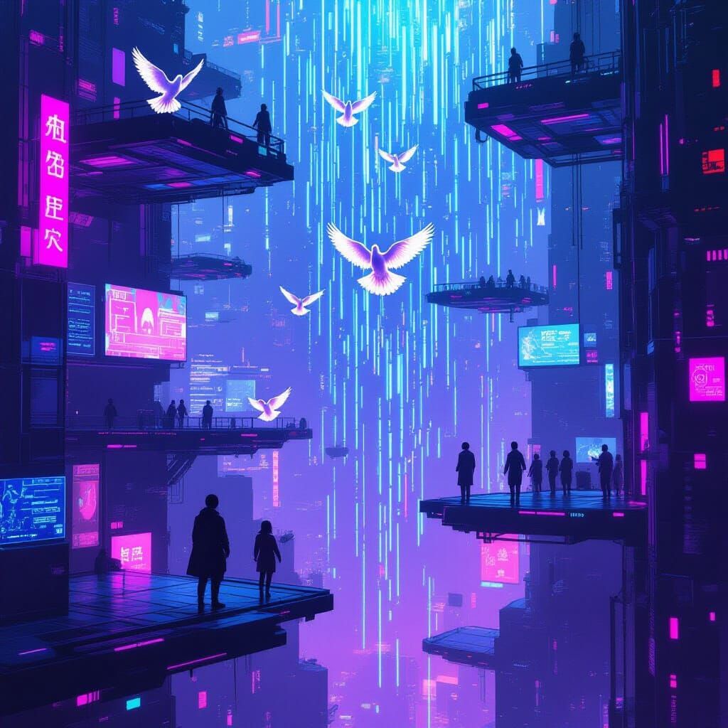 Cyberpunk Cityscape with Matrix Code and Holographic Doves