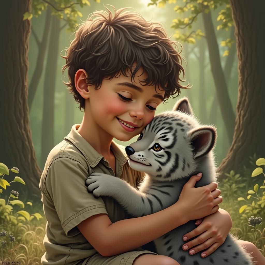 Boy Cradling Wolf Cub in Dreamy Forest