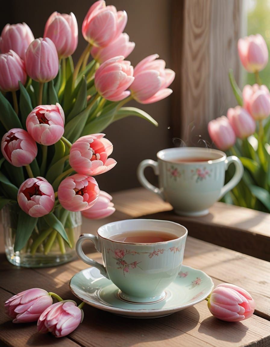 China Cup and Tulips in Warm Natural Light