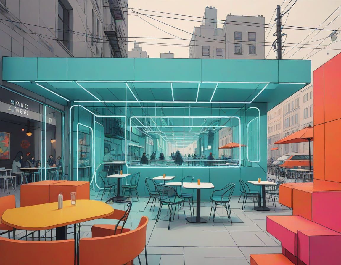 Urban Cafe with Neon Sculpture in Guillaume Style