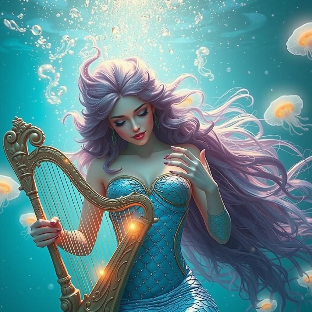 Majestic Mermaid Plays Glowing Harp Underwater