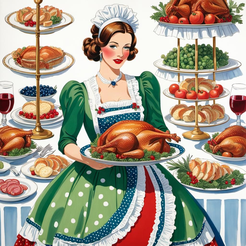 Woman Holding Platter of Food in Storybook Style