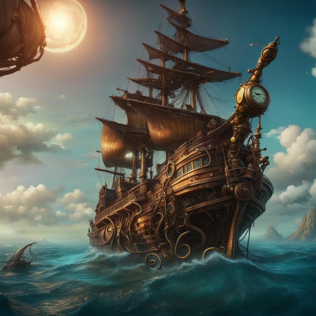 Steampunk Pirate Ship on Treasure Planet Ocean