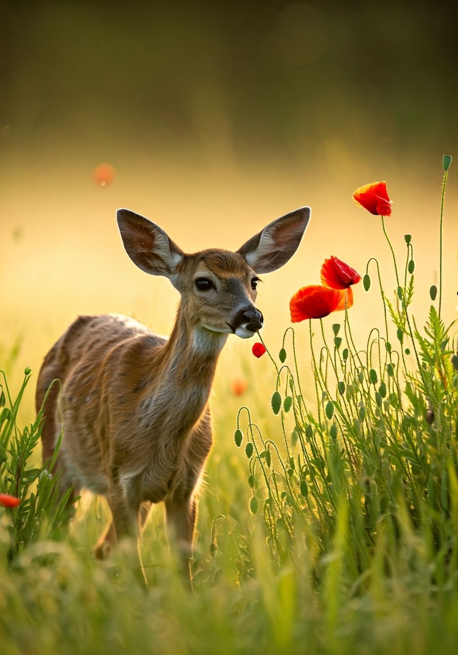 Fawn Sniffing Poppy in Autumn Mist