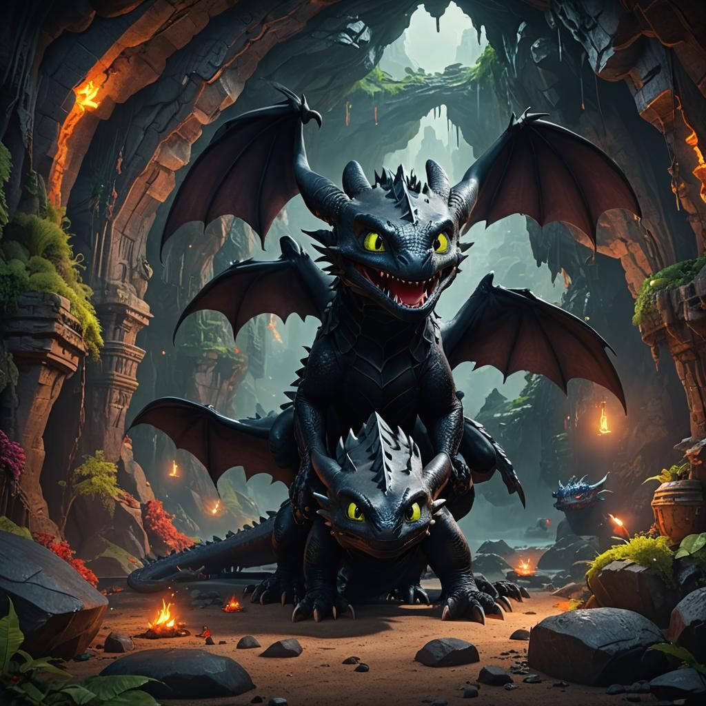 Toothless the Dragon in a Detailed Cave Painting