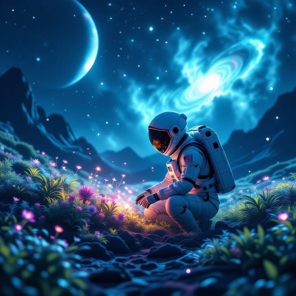 Astronaut Tends Alien Garden on Moon Under Nebulae Glow