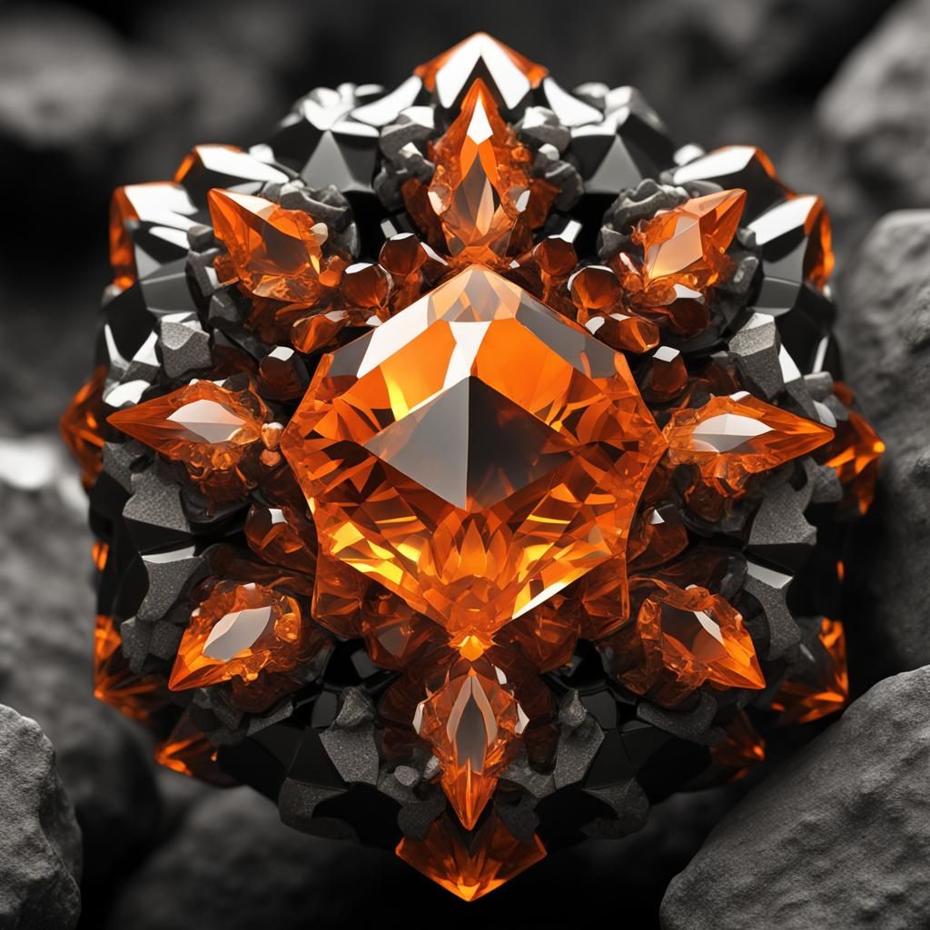 Orange Fractal Gem in Grayscale Cave, 8K Render