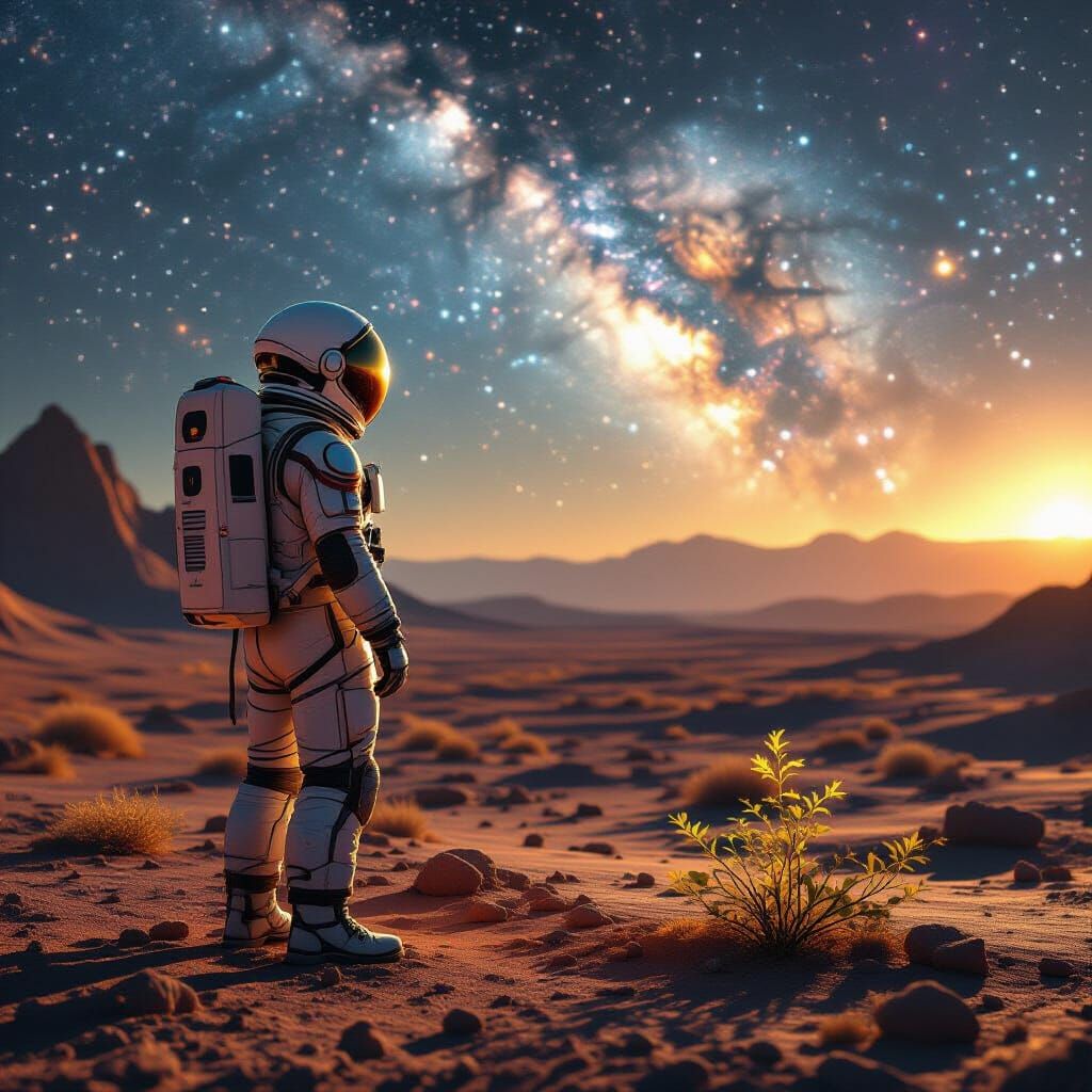 Astronaut Gazes at Nebula on Alien World