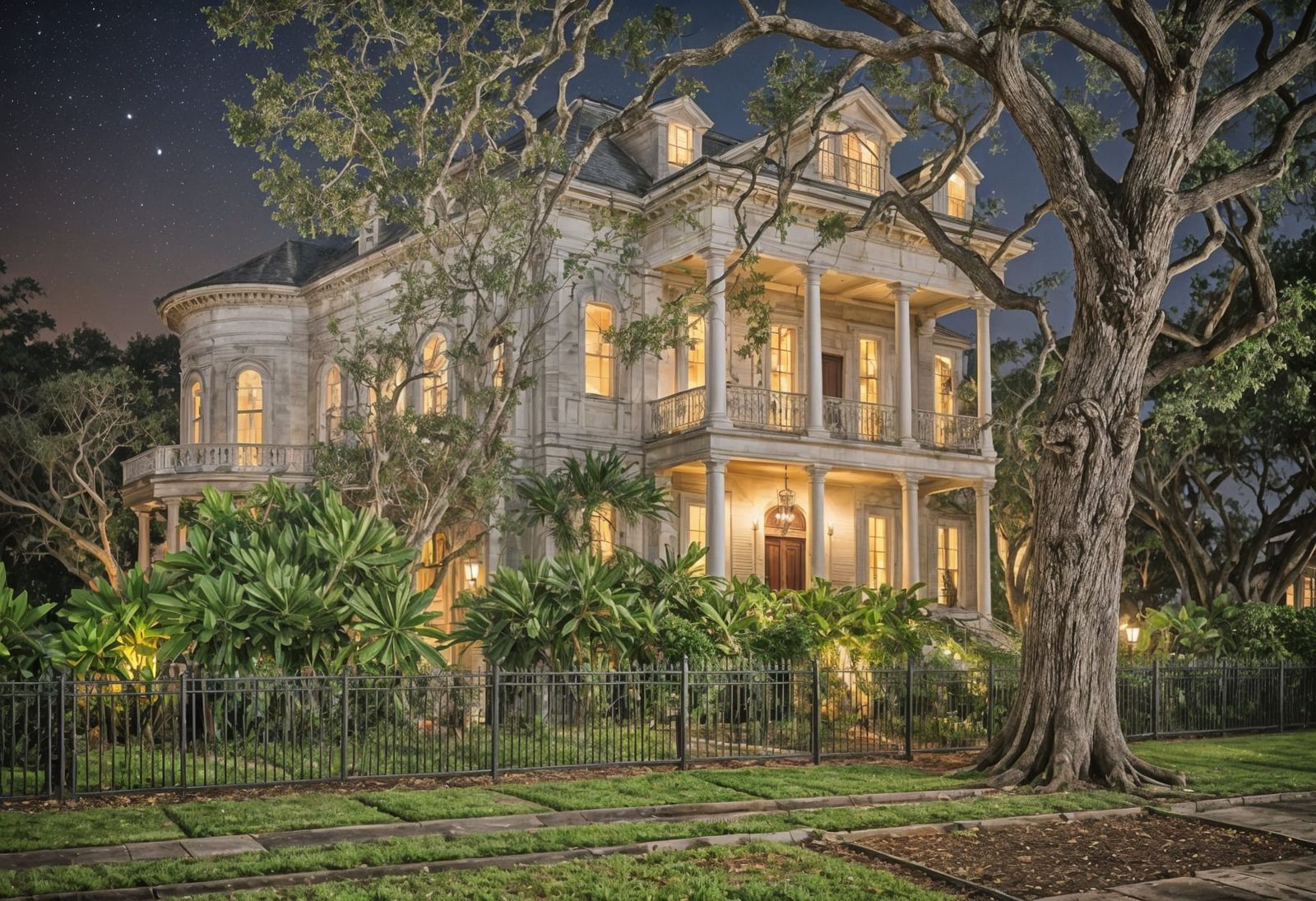 New Orleans Mansion at Night: Garden Photography