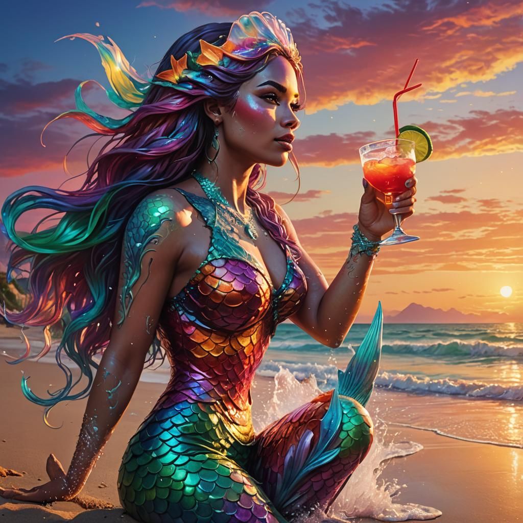 Mermaid Sipping Daiquiri at Colorful Sunset