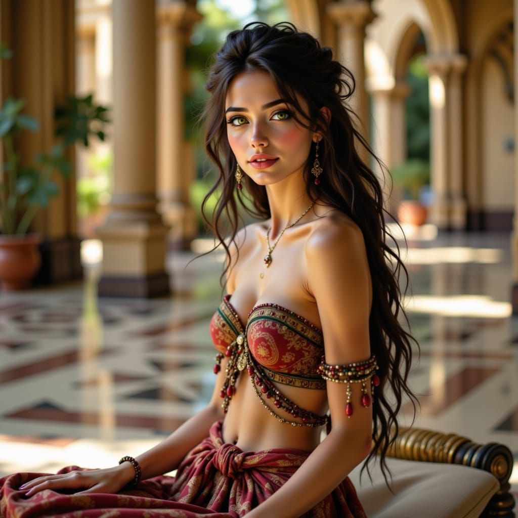 Beautiful Woman Relaxes in Ancient Palace Courtyard