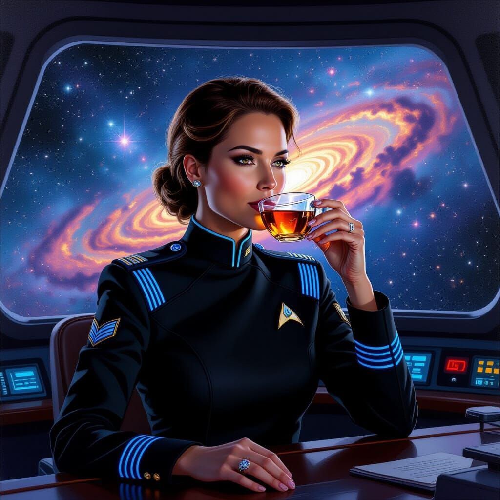 Starship Captain Observes Nebula: Fantasy Oil Painting