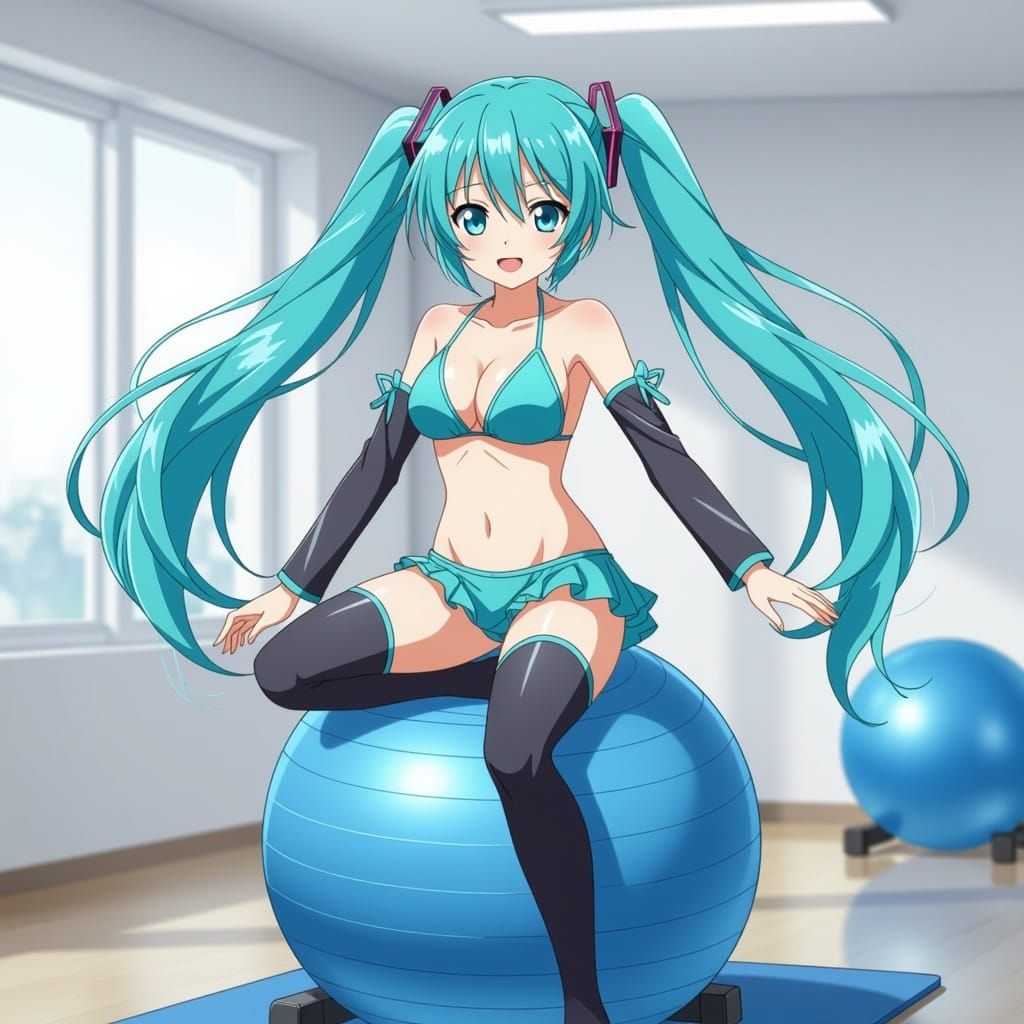 Vibrant Pop Art of Kawaii Idol Bouncing on Exercise Ball