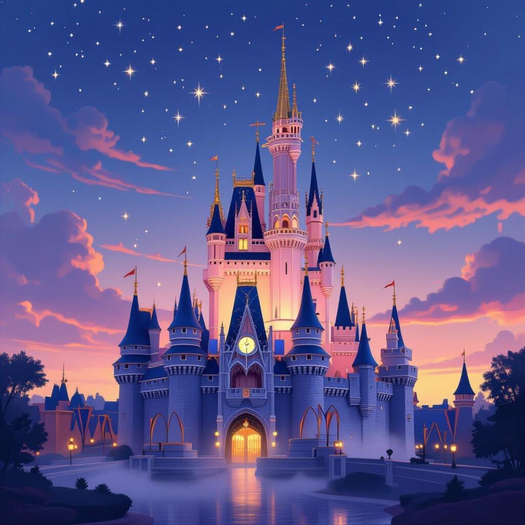 Enchanting Disney Castle at Twilight, Illustrative Digital A...