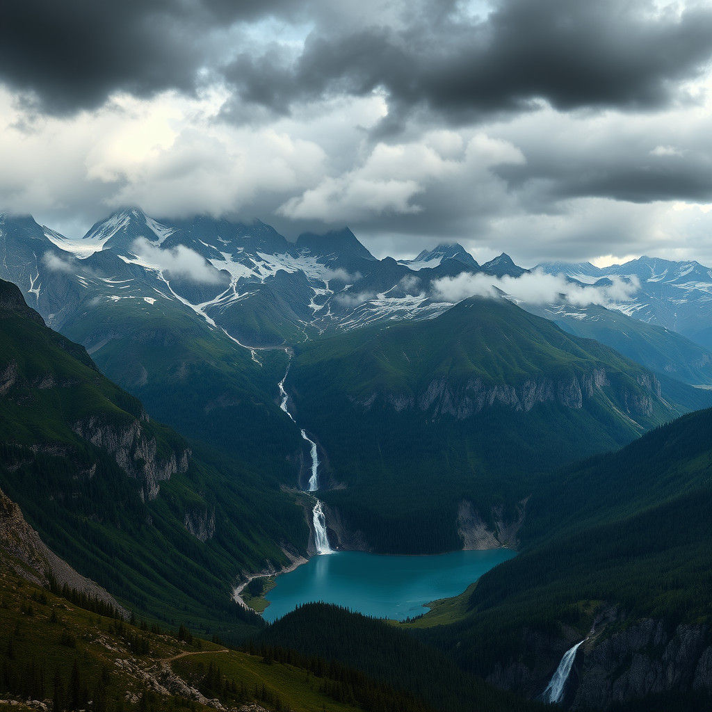 Dramatic Mountain Landscape with Waterfalls