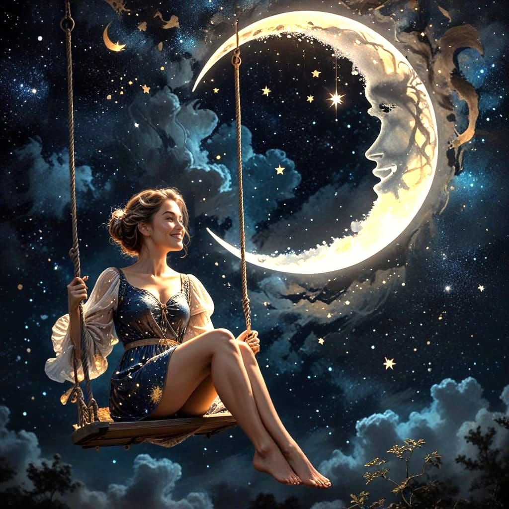 Woman on Swing in Starry Moonlit Sky