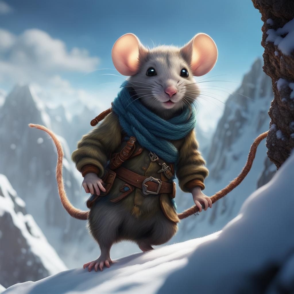 Brave Mouse Climbs Snowy Mountain: Fantasy Concept Art