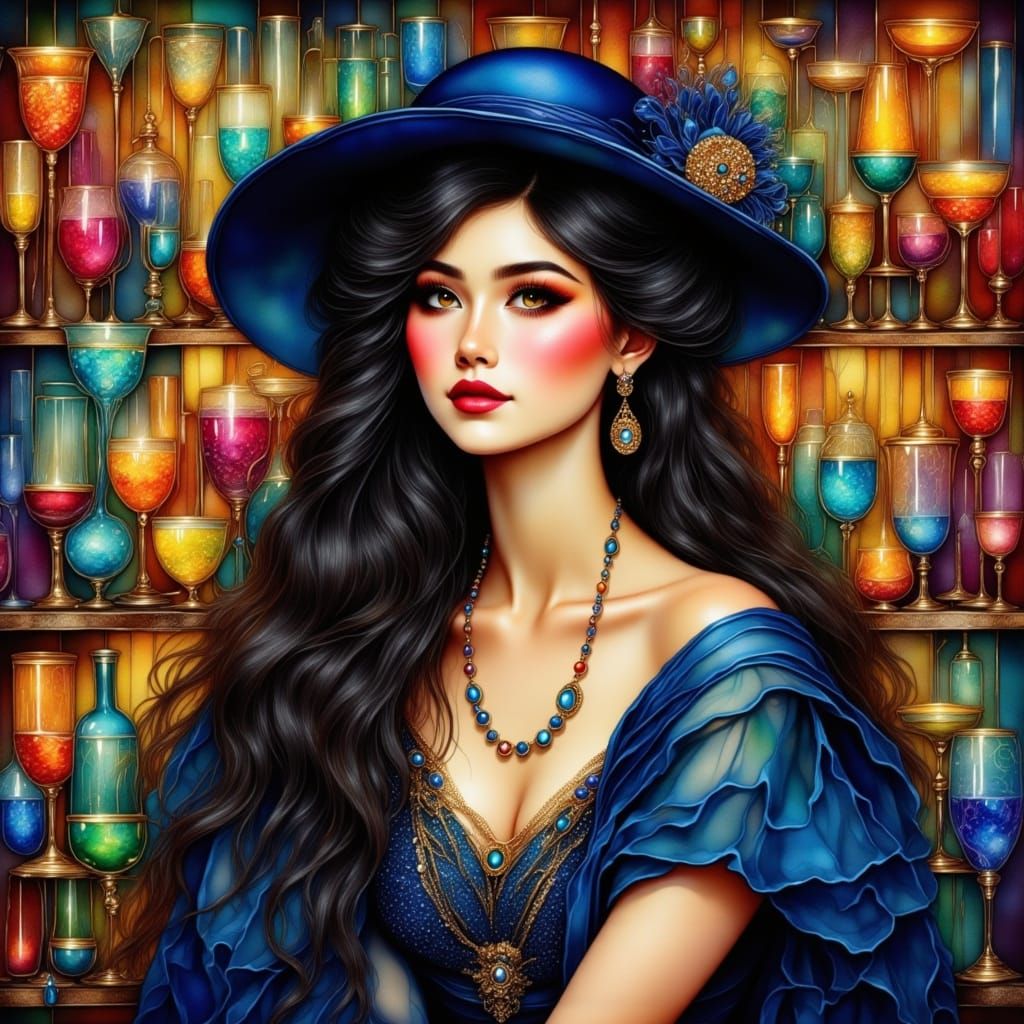 Art Nouveau Lady with Alcohol Glasses