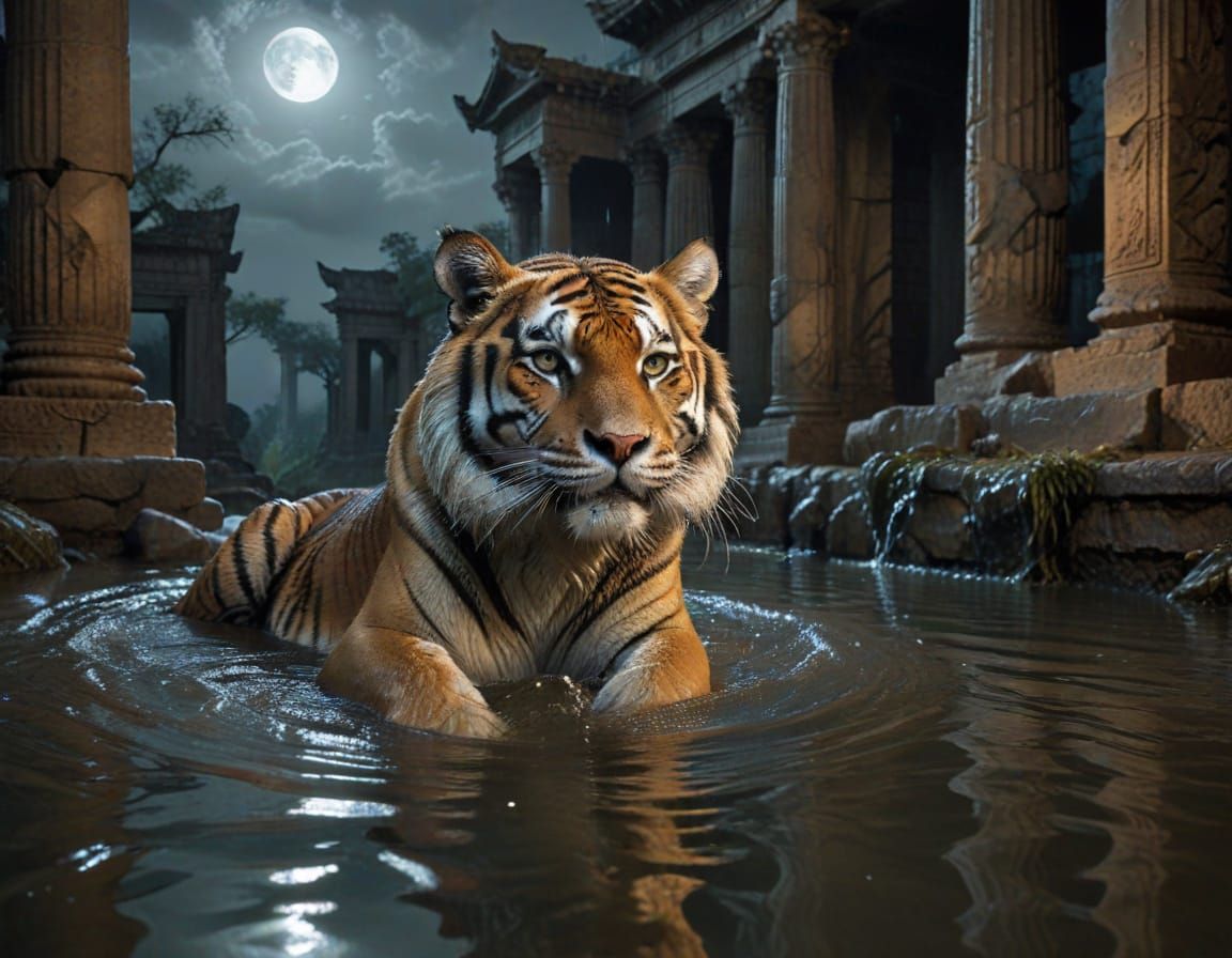 Tiger in Flooded Ruins with Moonrise
