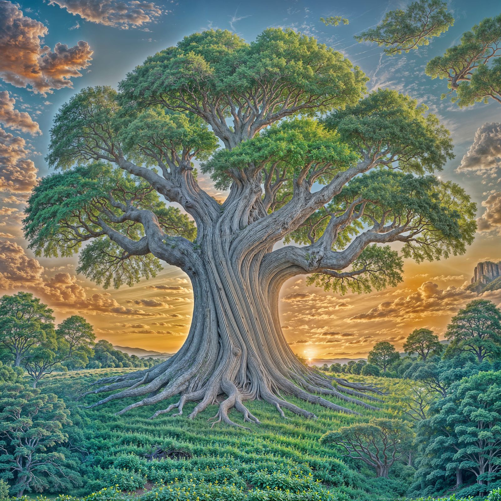 Majestic Ancient Oak in Enchanted Forest at Sunset