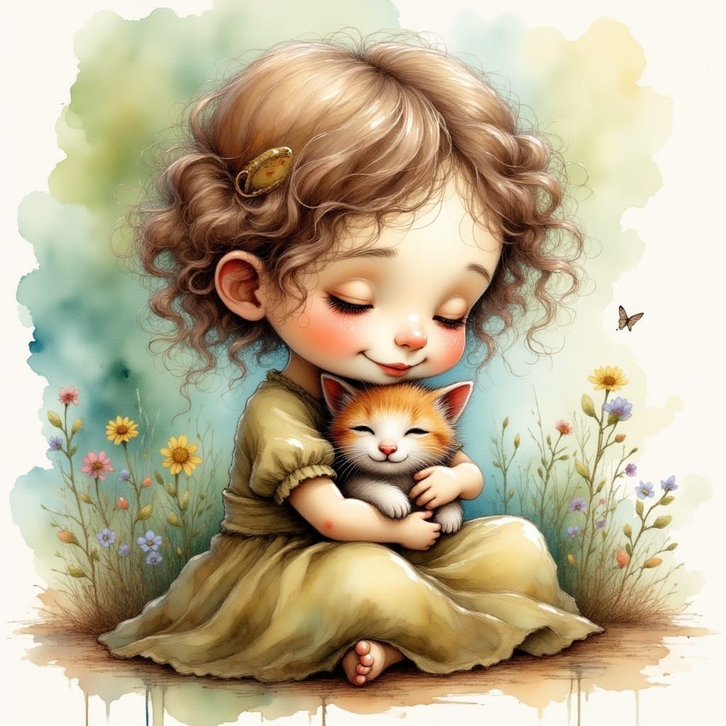 Whimsical little girl with long curly hair and bright smile ...