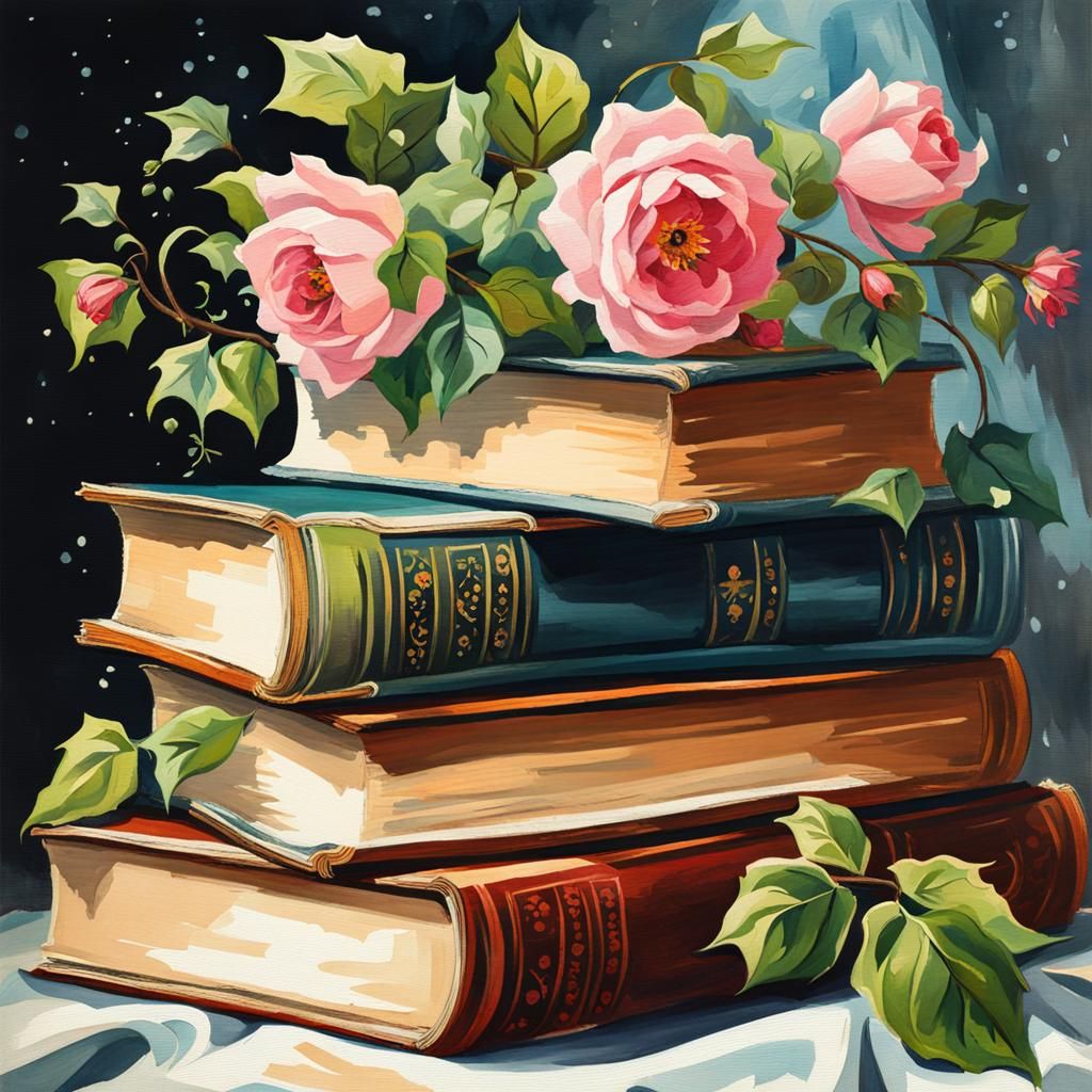 Old Books with Ivy and Teacup in Gouache Style