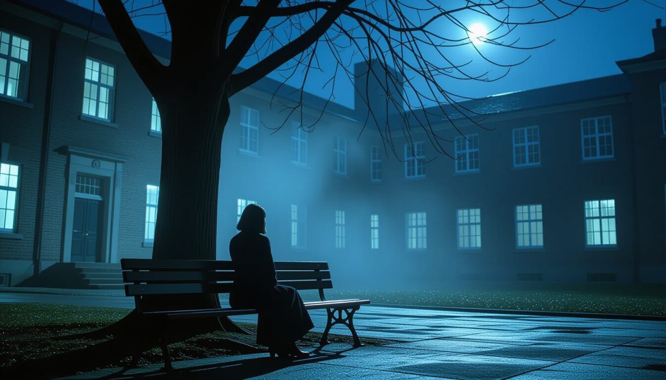 Moody Courtyard Scene with Woman in Long Coat