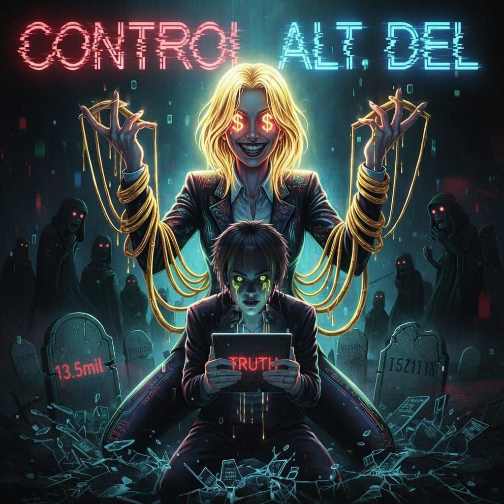 Cyberpunk Horror Poster: Controller Manipulates Goth Boy