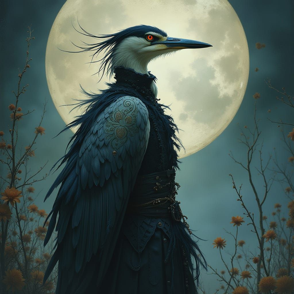 Gothic Heron Tattoo Design in Watercolor Style