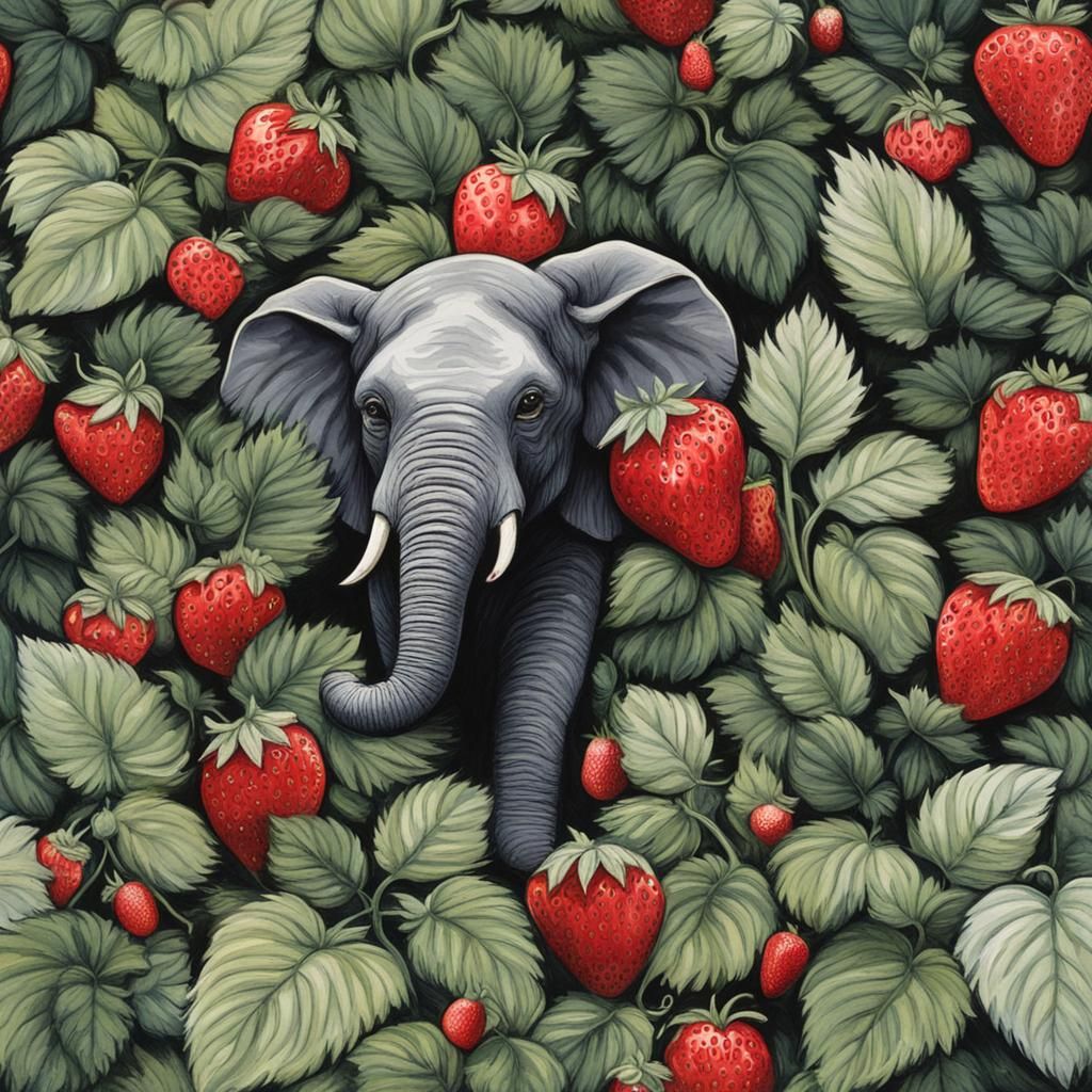 Surreal Elephant in Strawberry Forest: Gouache Painting