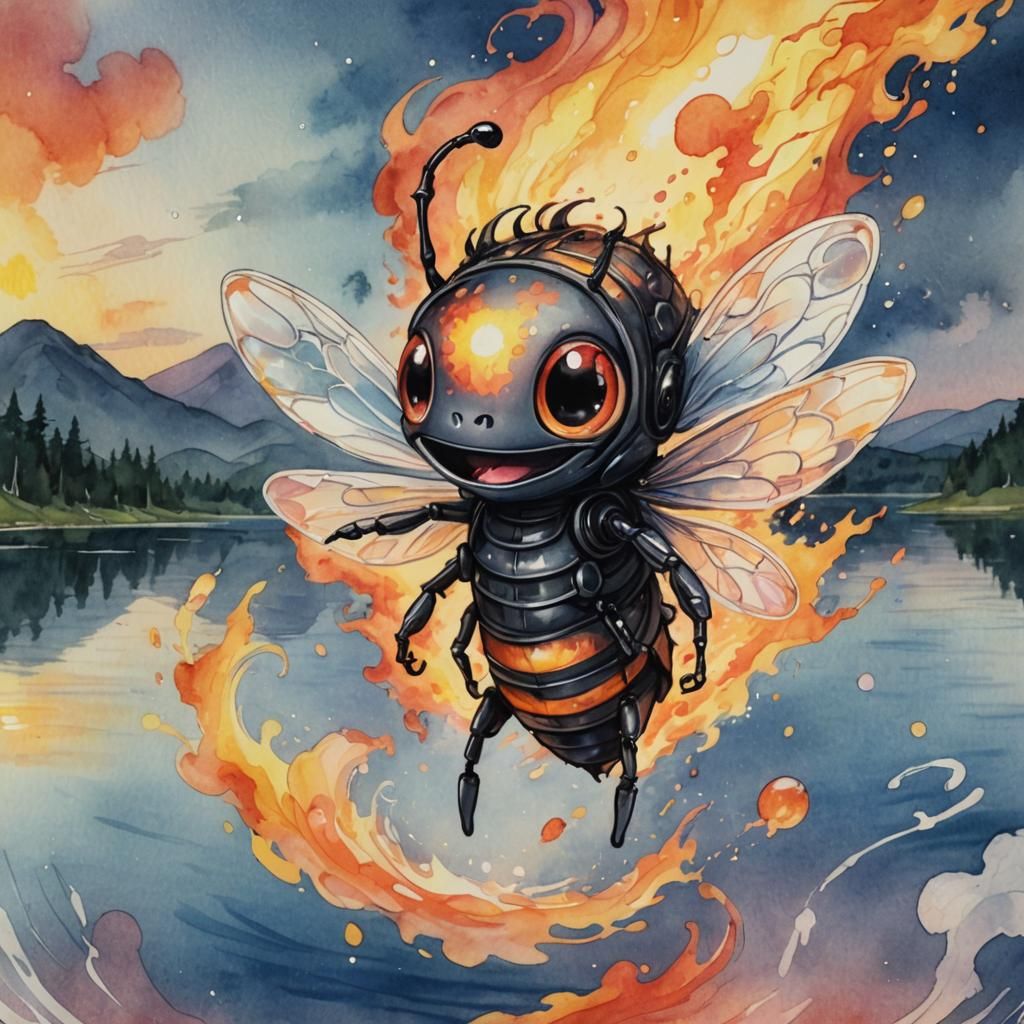 Chibi Burning Fly over Summer Lake in Graphite Watercolour