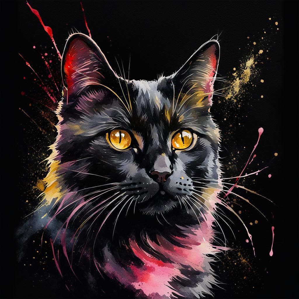 Gorgeous Black Cat Portrait in Watercolor Style