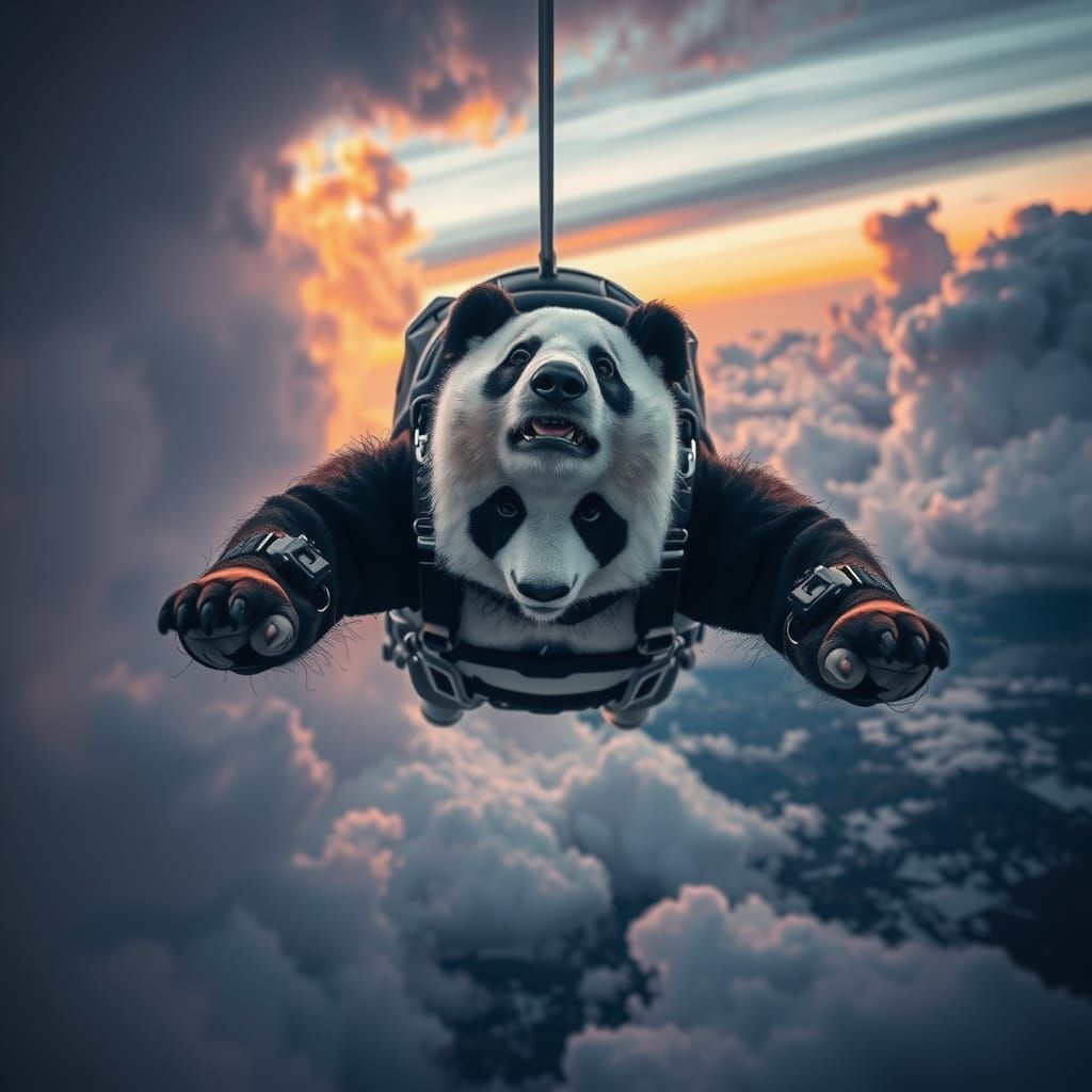 Panda Bear Skydiving in Futuristic Style